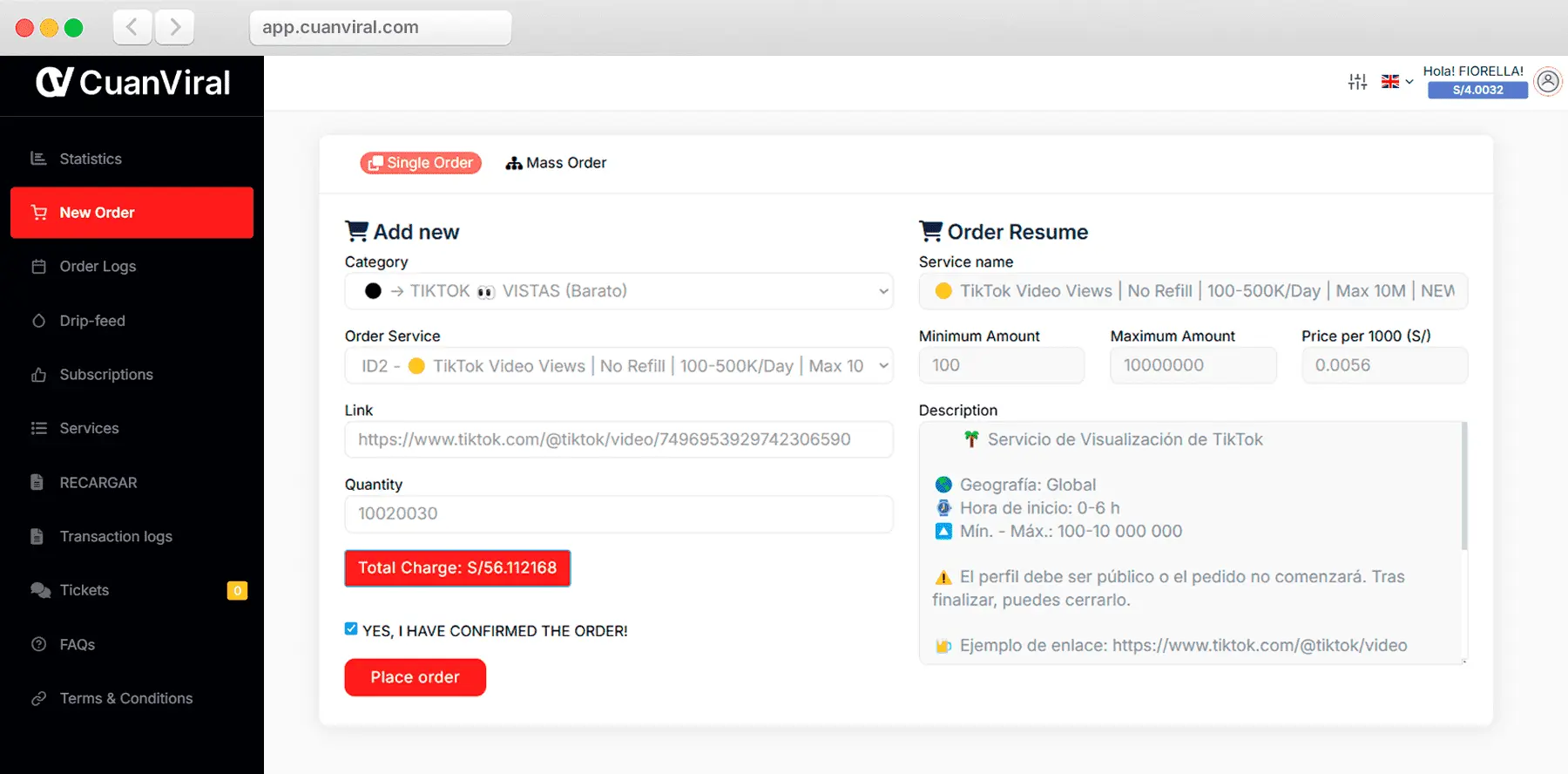 Dashboard CuanViral - Panel de control de servicios de redes sociales en Perú